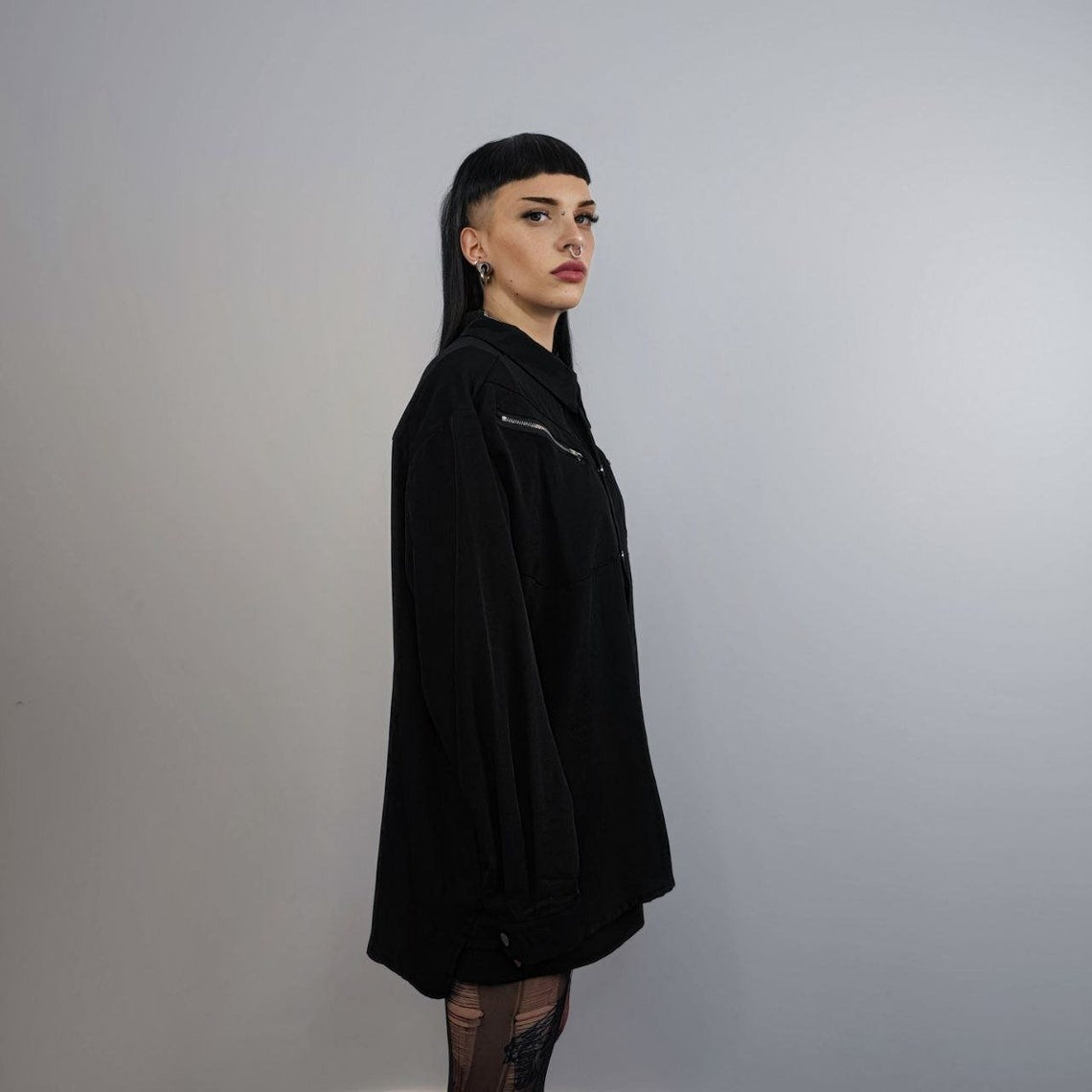 Zipper pocket shirt long sleeve Gothic top Rocker blouse oversize punk top bondage sweatshirt utility jumper in black
