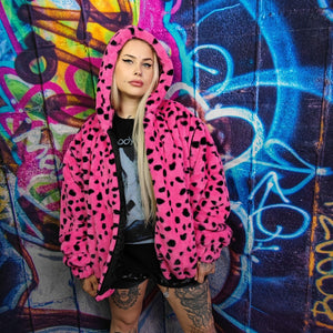 Leopard fleece jacket handmade detachable neon fluffy geometric bomber faux fur animal print coat in 2 in 1 festival jacket pink black