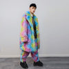 Rainbow faux fur joggers unicorn raver pants fluffy psychedelic trousers ski fleece tie-dye overalls festival bottoms burning man pants blue