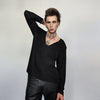 Deep V-neck top revealing sweatshirt cut out neck long sleeve t-shirt rocker jumper edgy baggy tee in black