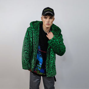 Hooded faux fur leopard jacket animal print bomber bright raver coat fluffy cheetah fleece festival puffer neon burning man overcoat green