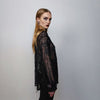 Transparent mesh shirt long sleeve tassels sheer blouse grunge catwalk jumper party see-through top curved button up festival top in black