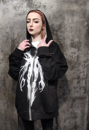 Graffiti hoodie Gothic raver pullover y2k zipper top black