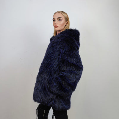 Hooded shaggy faux fur coat luxury fuzzy bomber luminous raver puffer fluffy fleece long hair going out trench burning man overcoat blue