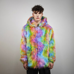 Rainbow faux fur jacket collarless tropical coat bright raver bomber fluffy carnival fleece luminous festival pullover burning man overcoat