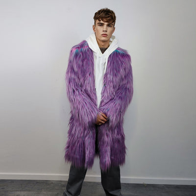 Shaggy faux fur lavender coat long neon trench bright raver bomber fluffy winter fleece luminous festival jacket burning man overcoat purple