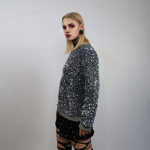 Silver sequin sweatshirt glitter top sparkle jumper party pullover glam rock long sleeve top embellished sweater in metallic grey