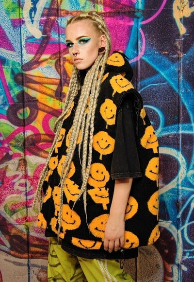 Emoji fleece jacket handmade detachable raver puffer black