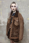 Reworked velvet jacket SKA check fleece patch bomber brown