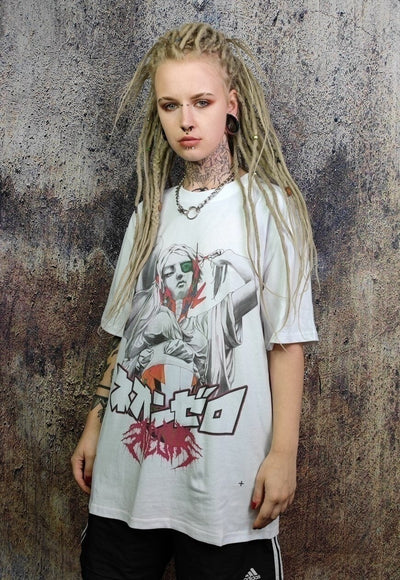 Cyber girl print t-shirt Anime tee graffiti retro top white