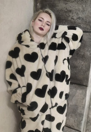 Heart fleece jacket handmade fauxfur heart hood bomber cream