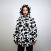 Cow fleece jacket white hooded animal print bomber festival coat furry overcoat spot print  pullover Dalmatian jumper psychedelic rave top