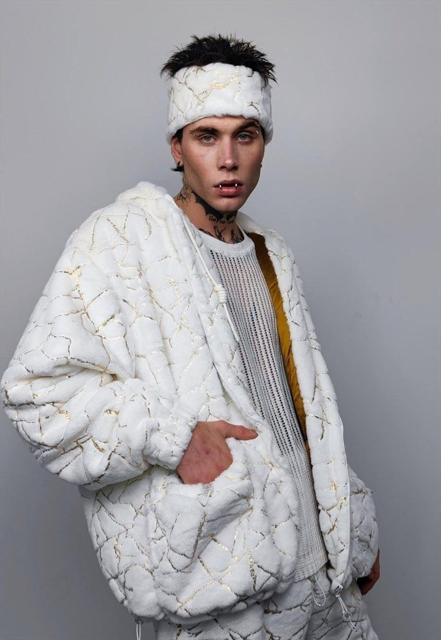 Fleece headband luxury fluffy head cover golden foil white