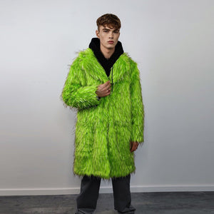 Shaggy faux fur longline coat neon trench bright raver bomber fluffy winter fleece luminous festival jacket burning man fuzzy coat in green