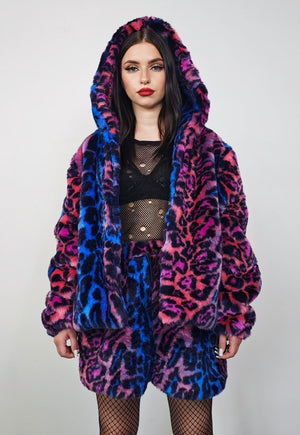 Neon leopard hooded jacket blue cropped animal print bomber