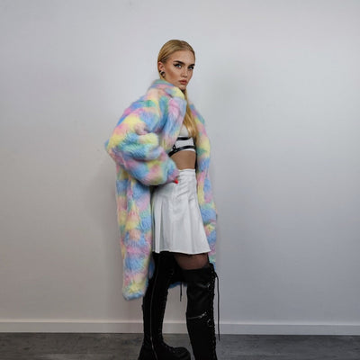 Faux fur long unicorn coat rainbow trench pastel raver bomber fluffy winter tie-dye fleece festival jacket burning man barbie coat pink blue