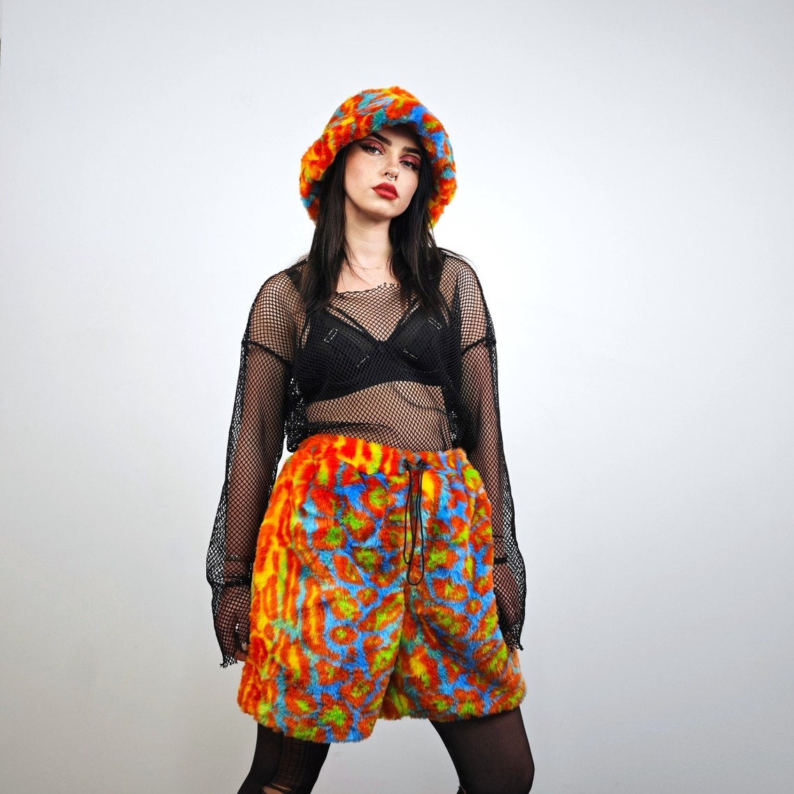 Leopard faux fur jacket orange neon animal print festival jumper long furry pullover jaguar bomber zip up lynx coat festival top oversize