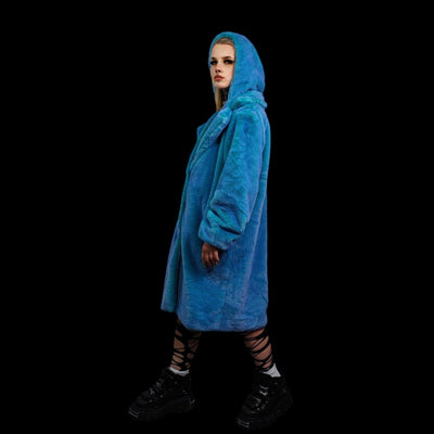 Neon faux fur long coat hooded trench bright raver bomber detachable fleece festival removable sleeves burning man jacket in electric blue