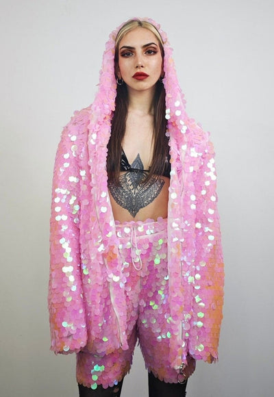 Purple sequin jacket hooded mermaid bomber holographic