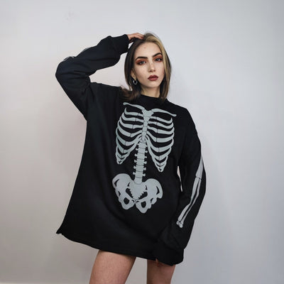 Rib bones t-shirt reflective skeleton sweatshirt thin gothic top luminous skull jumper shiny rave sweater punk pullover rocker tee in black