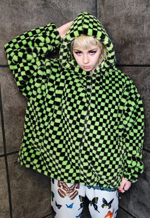 Checkerboard fleece jacket detachable check jacket in green