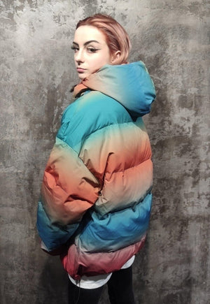 Gradient rainbow bomber tie-dye jacket yellow orange puffer