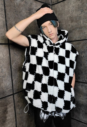 Checkerboard fleece gilet handmade check hoodie jacket white