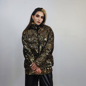 Golden sequin bomber glitter jacket sparkle puffer party varsity festival varsity fancy dress embellished coat going out top luminous yellow