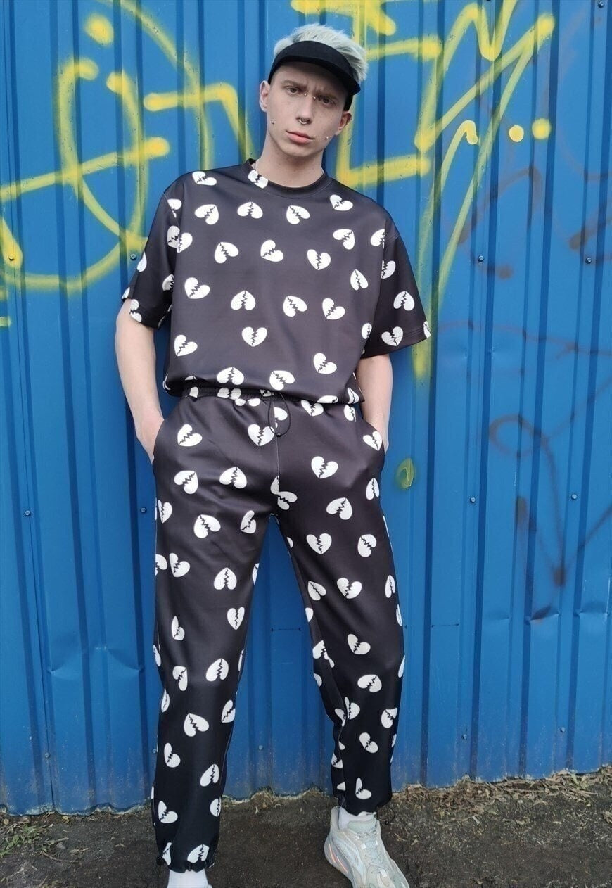Broken heart joggers handmade Love cartoon overalls black
