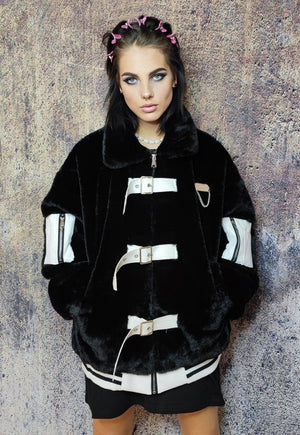 Faux fur utility jacket buckle strap bomber gorpcore coat