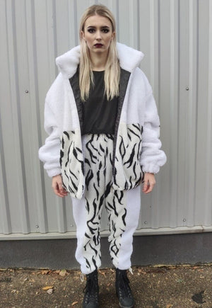 Grunge fleece bomber handmade Gothic zebra jacket in white