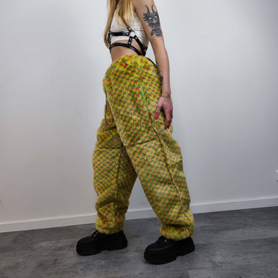 Checked faux fur joggers geometric raver pants fluffy winter trousers skiing fleece overalls festival bottoms neon burning man pants yellow