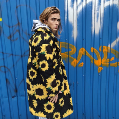 Sunflower hoodie fleece coat daisy jacket floral pattern jumper yellow rave bomber festival party pullover custom peacoat in yellow black