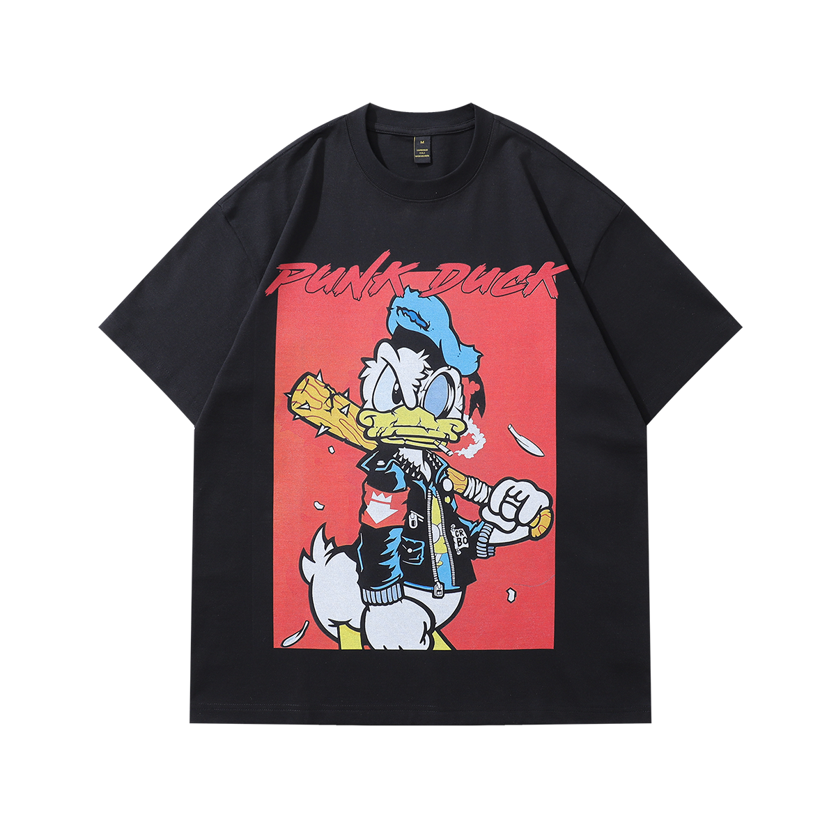 Punk cartoon t-shirt duck print tee retro American top in vintage grey
