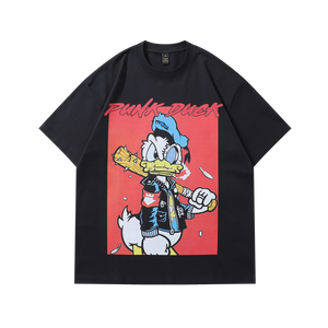 Punk cartoon t-shirt duck print tee retro American top in vintage grey
