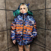 Tie-dye bomber handmade detachable graffiti puffer devil horn jacket abstract gradient print reversible coat in blue orange