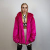 Hooded neon faux fur jacket shaggy bomber bright raver puffer fluffy fleece bright festival coat burning man overcoat in fuchsia pink