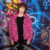 Leopard fleece jacket handmade detachable neon fluffy geometric bomber faux fur animal print coat in 2 in 1 festival jacket pink black