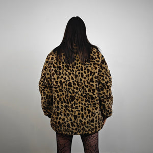 Animal print fleece jacket brown leopard coat zip up cheetah bomber wild cat overcoat fluffy jaguar festival jacket bobcat jumper