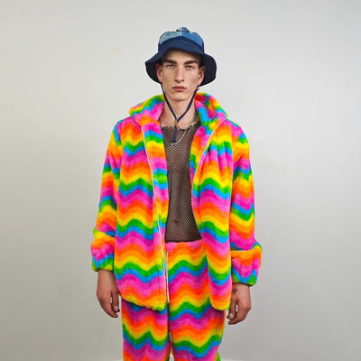 Rainbow fleece jacket psychedelic hood festival glitch rave bomber unicorn carnival overcoat LGBT jumper gay pride pullover burning man top