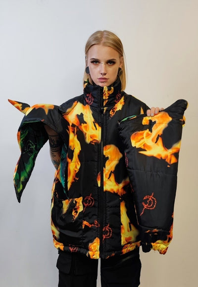 Smoke print bomber reversible jacket detachable flame puffer