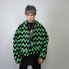 Striped fleece jacket zigzag catwalk bomber geometric fluffy varsity contrast pattern aviator hard fleece grunge coat in black & green