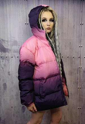 Tie-dye bomber gradient puffer jacket in faded purple pink