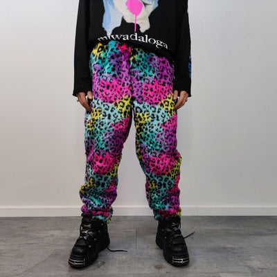 Leopard faux fur joggers winter raver pants fluffy animal print trousers skiing fleece overalls festival bottoms burning man pants pink blue