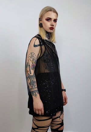 Transparent tank top two layer see-through vest in black