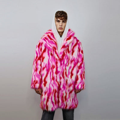 Faux fur long striped coat zebra trench neon raver bomber fluffy tie-dye winter fleece festival jacket burning man going out coat red pink