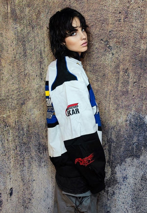 Motorcycle jacket multi patch padded racing bomber in blue