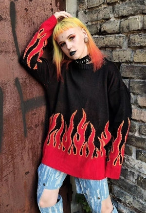 Flame knitted sweater red fire boxy fit knitwear jumper red