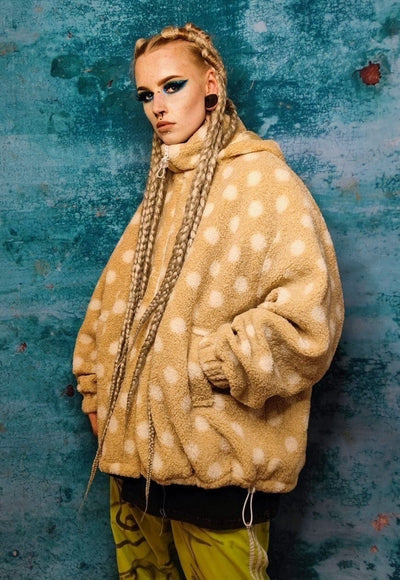 Polka dot fleece hooded jacket handmade retro fluffy coat