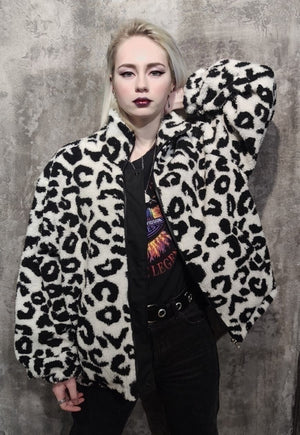 Reversible leopard bomber 70s animal varsity jacket white